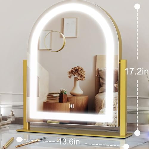Gvnkvn Arched 17.2 in Lighted Makeup Mirror, 10X Magnifiers - color: Gold, size: 17.2"L x 13.6"W