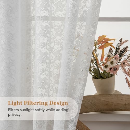 PearAge Lace Sheer White Curtains for Living Room, 63 Inch Length, Elegant Lace-Style Voile Drapes for Bedroom, Kitchen or Dining Room, 42W x 63L Inch, 2 Panels White - color: White