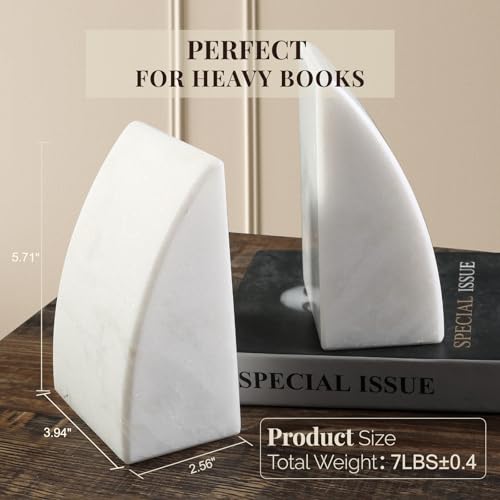 Koville Marble Bookends for Shelves, Large Bookends for Heavy Books, Natural Stone Book Stopper for Books CD Movies, Aesthetic Decorative Book Ends (White) - color: Sail-white