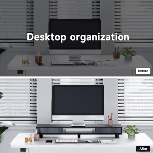 Fenge Dual Monitor Stand with Storage, Desk Shelf with Glass Sliding Door - color: Black