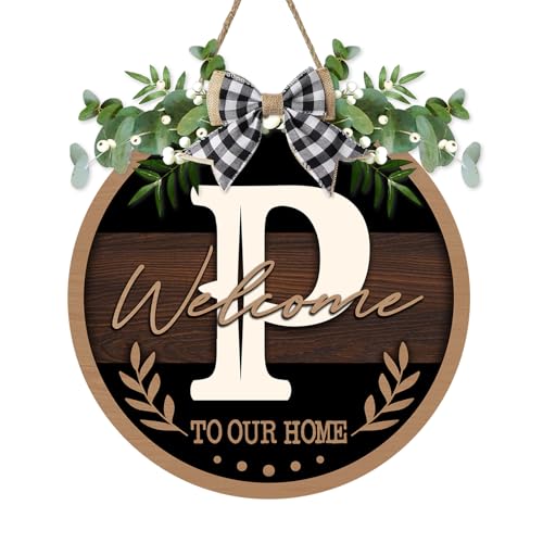 Monogram Letter P Front Door Sign, Welcome to Our Home Family Last - color: P
