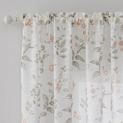SUOUO Floral Semi Sheer Curtains Linen Textured 84 inches 2 Panels - color: Coffee-l, size: 52"W x 84"L (Pack of 2)