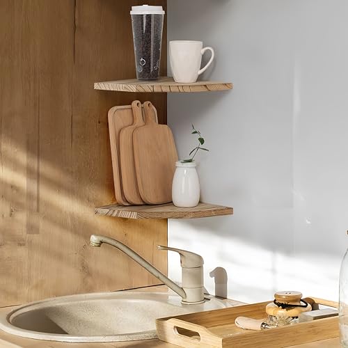 Joiishom Wood Corner Wall Shelves Set of 2, Solid Wood Corner Floating Shelves, Round End Wall Mounted Floating Corner Shelf for Bedroom, Living Room and Kitchen. (Carbonized-12 inch) - size: Carbonized-12 inch