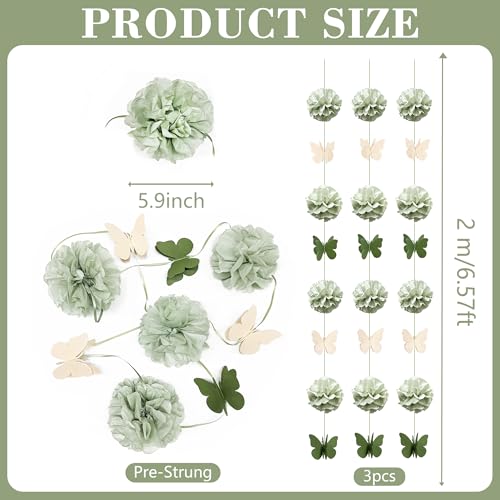 Sage Green Party Decorations Tissue Flowers Pom Pom Olive Green Beige 3D Butterfly Hanging Paper Garland Streamer Banner for Spring Themed Birthday Wedding Shower Tea Party Home Decor Supplies - color: dusty green butterfly