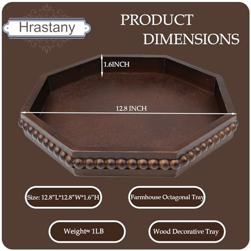 Hrastany Retro Brown Octagonal Wood Decorative Tray, Small Farmhouse Wooden Serving Tray with Beads, Versatile Coffee Table Tray for Kitchen Counter, Ottoman, Living Room - color: Retro Brown-z8, size: 12" x 12" x 1.6"