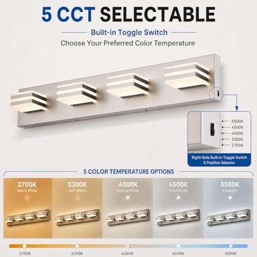 4-Light Brushed Nickel Bathroom Vanity Light, 27 Inch 32W 5CCT Dimmable LED Wall Fixture, Hardwired Over Mirror Lighting with Clear Acrylic Shade for Bathroom Remodel - color: Brushed Nickel-5 Color Temperature, size: 4-Light, 27-Inch