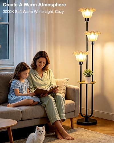 Lightdot Flower Floor Lamp for Living Room Dimmable Vintage Floor Lamp with Shelf & Bulbs Included Mid Century Black Floral Standing Tall Lamp for Bedroom/Sofa Beside/Corner Decor - color: 3 Flower-Black Shelf