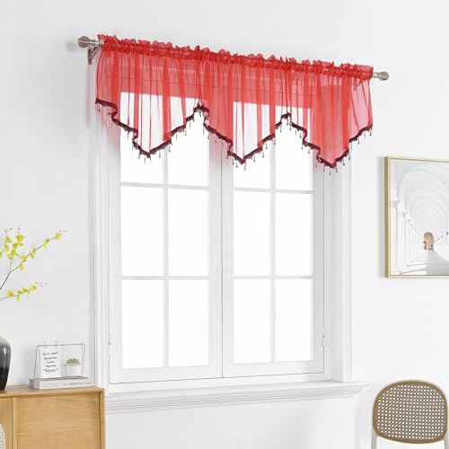 Beaded Sheer Valance Curtains for Living Room,Rod Pocket Farmhouse Window Valance, Bead Trim Tassel Voile Sheer Curtain Valance for Bedroom Bathroom Cafe 51x24 Inches (Red) 1PC - color: Red