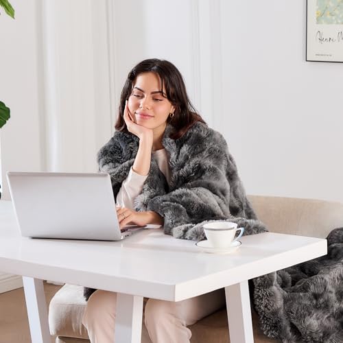 Fluffy Throw Blanket - Luxury Faux Rabbit Fur, Soft, Warm, Cozy & Fuzzy - Tie-Dyed Purple Dark Grey (King Size 108''x90'') - color: Tie-dyed Dark Grey, size: King(108''x90'')