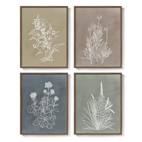 Framed Boho Neutral Botanical Wall Art for Living Room, 4 Piece 12x16 In - color: Simple - Walnut Framed, size: 12" W x 16" H x 4 pcs