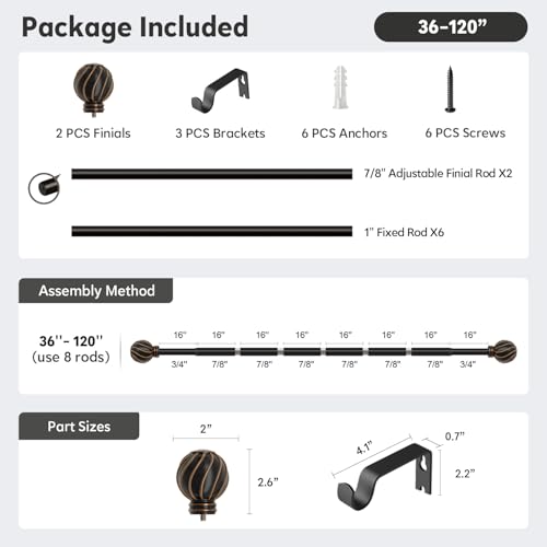 Black Curtain Rods for Windows 66 to 120 Inch 7/8" Diameter Metal - color: Black, size: 36"-120"|1 Pack