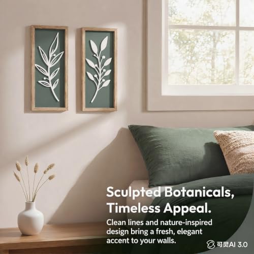 LETUBUYU 3D Wooden Leaf Sage Green Boho Wall Art, Set of 2 - color: 2 Pcs Sage Green, size: 7"X16"