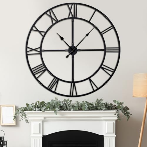 48 Inch Large Silent Wall Clock, Easy Assembly Roman Numeral Black - color: Black Metal Wall Clock, size: 48inch