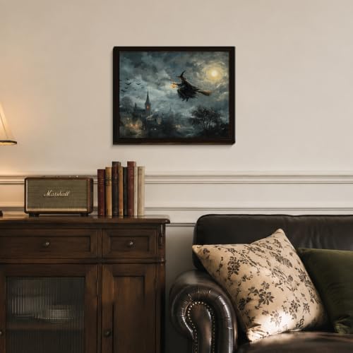 BIQRP Halloween Witch Flying On Broom Over Village Wall Art Decor - color: Flying1