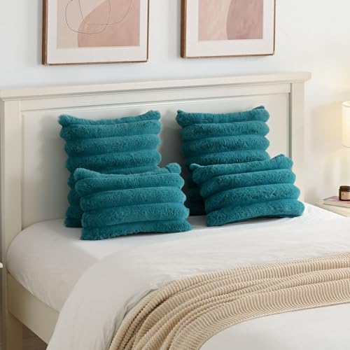 HAUSSY Pack of 2 Faux Fur Striped Throw Pillow Covers 18x18 Inch, Teal - color: Teal, size: 18" x 18" (Pack of 2)