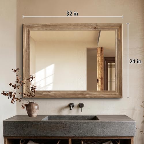 Niccy Rectangular Wall Mirror, 24"x32" Wood Bathroom Mirror, Antique - color: Antique Wood, size: 24"L x 32"W