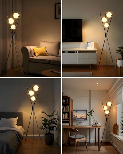 Lightdot 60IN Dimmable Black Tripod Floor Lamp, Mid Century Standing Lamps with 3 Globe Soft Warm White Eye Care 3000K Bulbs Included, Modern Tall Lamp for Living Room/Bedroom/Sofa Beside/Corner Decor - color: Black-79A