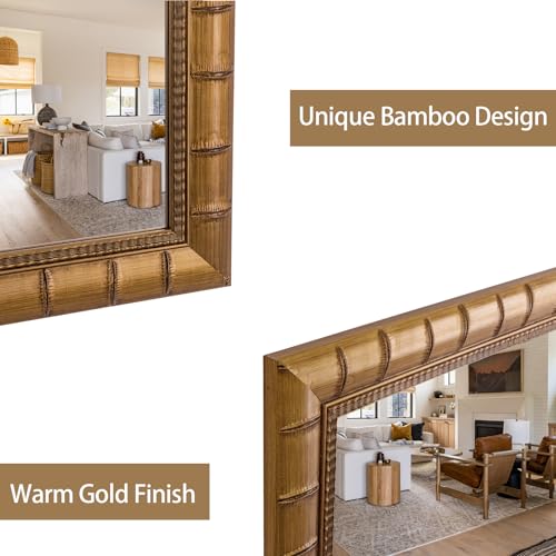Vintage Warm Gold Mirror, 39'' x 27'' Solid Wood Mirror Frame with Vintage Bamboo Design, Decorative Mirrors for Living Room, Bathroom, Bedroom, Entryway, Fireplace, Horizontal/Vertical - color: Gold, size: 39"L x 27"W