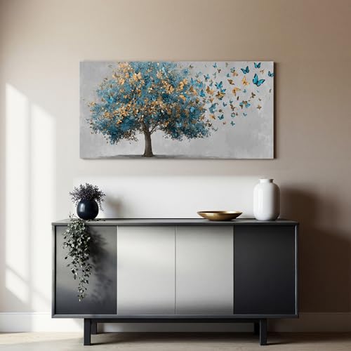 YISXINOAG Blue Gold Tree of Life Wall Art Butterfly Landscape Print 20"X40" - color: grey green, size: 40"L x 20"W