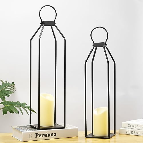 Perfnique Modern Farmhouse Lantern Decor, 19.7'' 22'' Set of 2 Black Metal Lanterns, 2 LED 6hr Timer Flickering Flameless Candles, Lanterns Decorative for Porch, Patio, Fireplace Mantle, Christmas - color: 22inch & 19.7inch