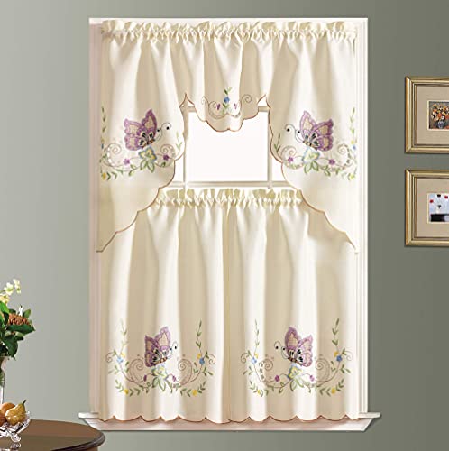 GOHD Dancing Butterfly 3pcs Embroidery Cafe Curtains with cutworks,Lavender - color: Lavender