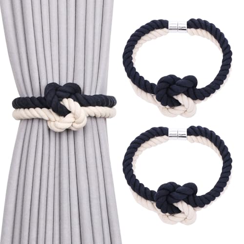 NICEEC Cotton Rope Magnetic Curtain Tiebacks, 2 Pack, Dark Blue & Beige - color: Dark Blue & Beige, size: 2 Pack