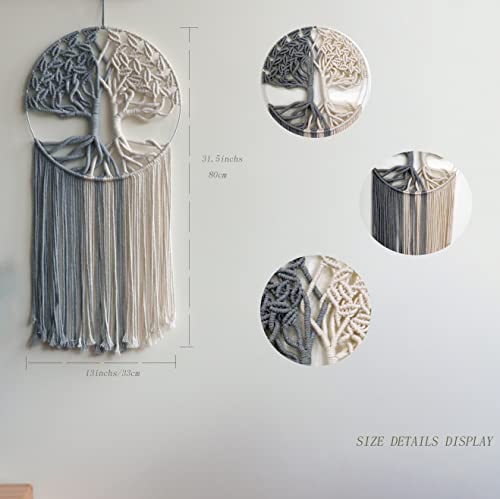 GUKALYLY Tree of Life Macrame Wall Hanging, Handmade Woven Boho Wall Art, Grey and White Round Macrame Wall Decor for Bedroom Nursery Apartment Dorm, Gift for Mom & Women, 13" W x 31.5" L