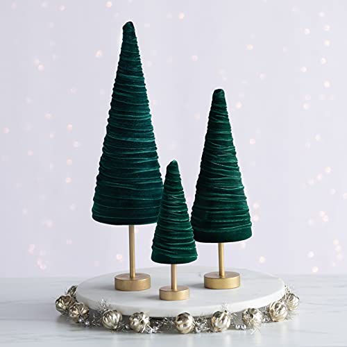 Emerald Pedestal Velvet Trees Set of 3, Cozy Artisan Mantel Décor, Luxurious Green Valentine Tabletop Tree, Wedding Centerpiece, Modern Farmhouse (Emerald) - color: Emerald