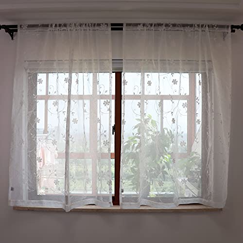 SLOW SOUL Set of 2 Panels White Embroidered Flowers Sheer Curtains for Bedroom Living Dining Room Farmhouse Drapes Curtain with Rod Pocket White 52W X 63 inch Length - color: White/Rod Pocket, size: 52"W x 63"L (Pack of 2)