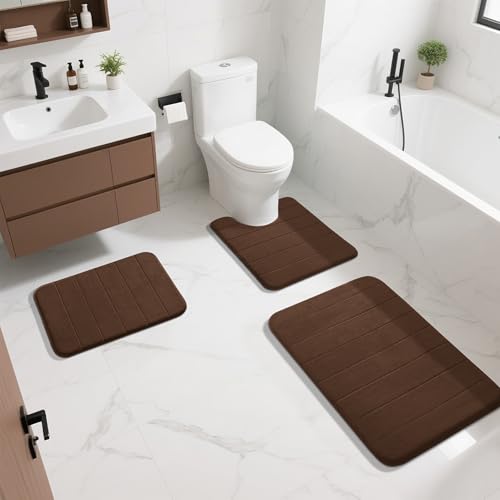 Yimobra Large Memory Foam Bathroom Mat Set, 44 x 24 & 24 x 17 in, Brown - color: Brown, size: 44x24+24x17 Inch