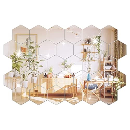DIY Wall Decals Acrylic Mirror Sticker Set 36 Pcs, Hexagon Mirror Wall Stickers for Living Room Bedroom Decor (Silver) - color: Silver, size: 10*8.5*5cm