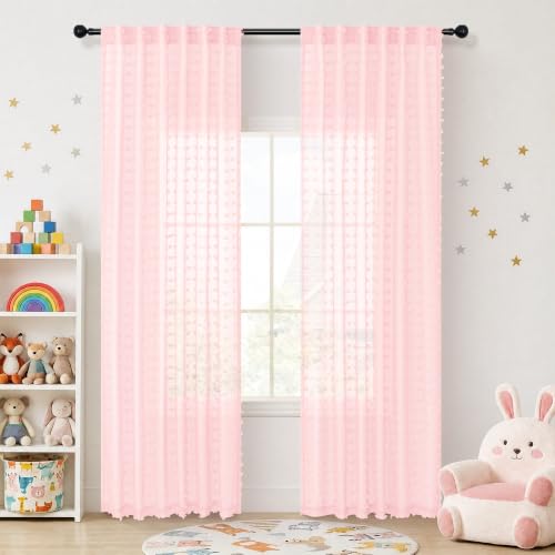Light Pink Sheer Curtains 84 Inch Length 2 Panels for Girls Kids Room Nursery Cute Voile Baby Pink Pom Pom Curtain for Boho Bedroom Elegant Farmhouse Semi Sheer Curtains Back Tab Window Drapes W52xL84 - color: Light Pink, size: 52"W x 84"L (Pack of 2)