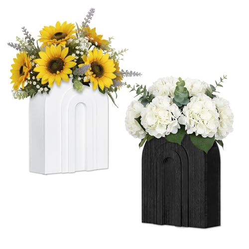 2 Pack Wooden Wall Vase Set in Black and White for Dried Flowers - color: White-black