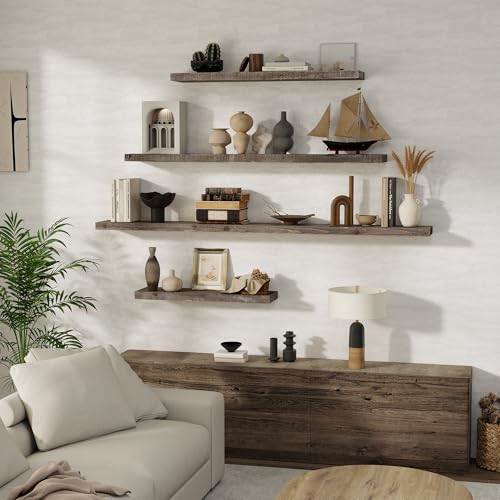 FLYJOE Floating Shelves Reclaimed Barnwood, 8" Deep Solid Wood Floating Shelf Wall Hanging Shelves with Invisible Heavy-Duty Metal Bracket | Wall Mounted | Farmhouse Style | 40 inches,2PCS,Grey - color: Distressed Grey, size: 40inches-2P