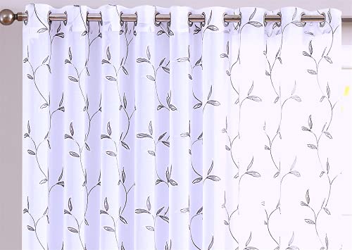 LinenZone 54x63 White Curtains with Charcoal Leaves. (Maria 54x63 Charcoal) - color: Charcoal, size: 54"W x 63"L (Pack of 2)