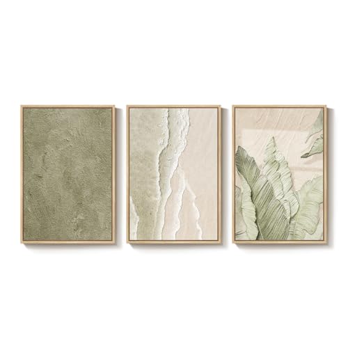 Framed Abstract Sage Green 3 Piece Wall Art for Living Room, 16x24 In - color: Sage Green & Beige, size: 16" W x 24" H x 3Pcs