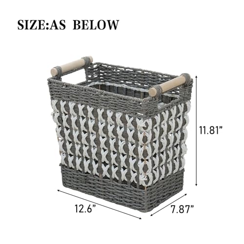 Wicker Wastebasket Trash Can with Wood Handles, 5 Gallon, Grey+White