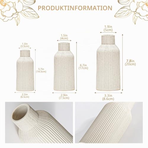 Bohemian Beige Ceramic Vase - for Pampas Grass, Mantel, Bookshelf, Entryway and Living Room Decor (Beige, Set of 3) - color: Beige, size: Set of 3-Round