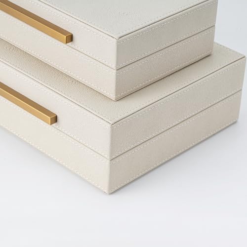 XIGEXIGE Faux Leather Large Modern Stackable Nesting Jewelry Box with Lids Organizer – Set of 2 Beige Shagreen Decorative Storage Boxes with Gold Metal Handles - color: Beige+Gold Handles, size: Set of 2