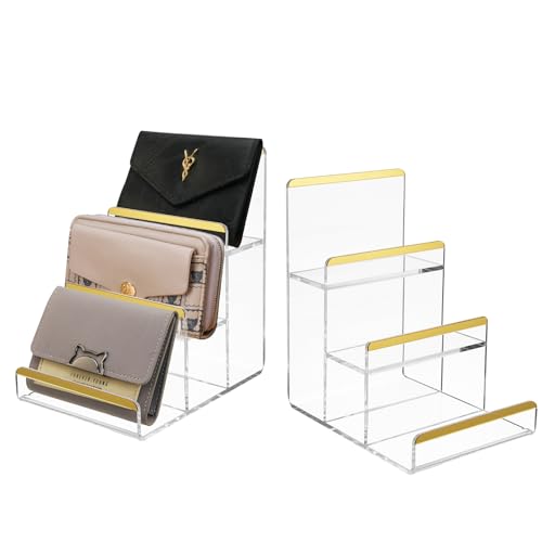 2 Pack 3-Tier Purse Display Stands, Acrylic Wallet Holder Risers Stand, 2-Inch Spacing Clear Clutch Rack Handbag Display Shelf, 4MM Thick Counter Wallet Organizer for Figure Sunglasses Retail Vendor - size: 3 Tier(2pack)