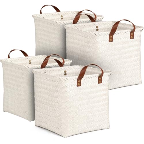 Wicker Storage Baskets, 4 Pack Woven Baskets for Shelves, White - color: Square White
