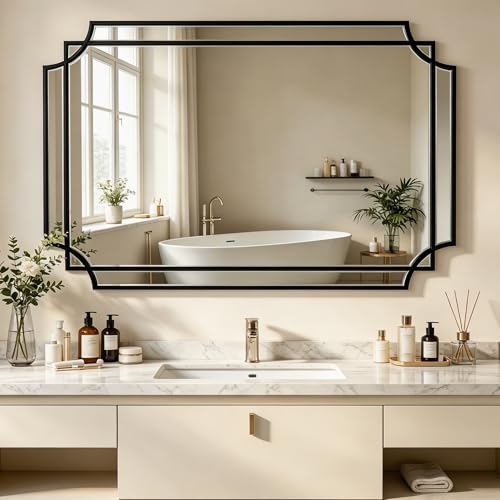 48"x31.6" Large Rectangle Beveled Mirror with Black Wood Frame - color: Black, size: 48"L x 31.6"W