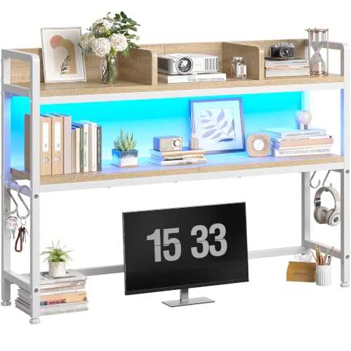 REIBII 2-Tier Desk Shelf, LED, Bedroom and Home Office, White - color: White, size: 7.8"D x 45.2"W x 38.7"H