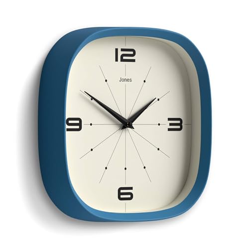 JONES CLOCKS® Pulsar wall Clock | Square Rounded Retro Clock | 10" | Blue | Cool Designer Look for Kitchen, Living Room or Office - color: Blue
