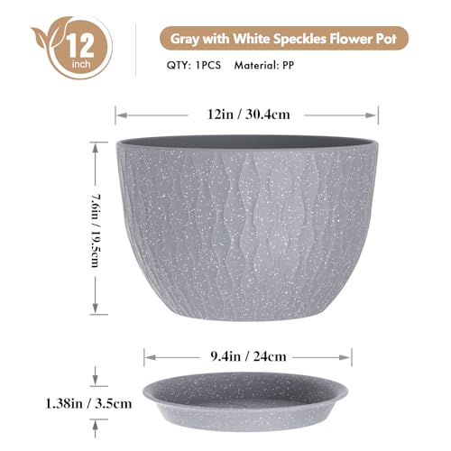 WSMKSZ 12 Inch Wide Water Ripples Flower Pots for Indoor or Outdoor Plants, Large Plant Pots with Drainage Holes & Saucer, Plastic Planters Set for Garden & Home Decor (Grey with White Speckles) - color: Grey With White Speckles