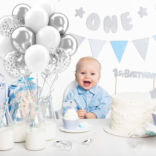 Patimate White and Silver Balloons Set 50 pcs 12 inch - color: White Silver