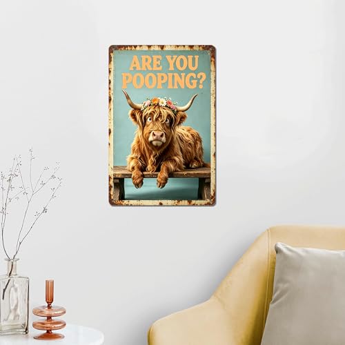 Funny Highland Cow Floral Crown Art with ARE YOU POOPING? Quote,Solid Durable Aluminum Sign,Vintage Farmhouse Decor for Bathroom Restroom Wall, Multipurpose Novelty Home Gift Plaque 8 x 12 Inch - color: M2030-Cow1-1