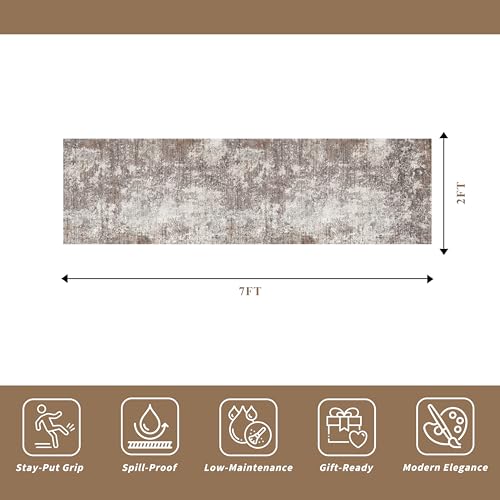 2x7 Washable Kitchen Runner Rug – Non-Slip Soft Carpet for Bathroom Hallway Hall Bedroom – Modern Abstract Neutral Low-Pile Thin Indoor Area Rug with Rubber Backing (Brown Beige,2x7) - color: Brown Beige, size: 2' x 7' (Rectangular)