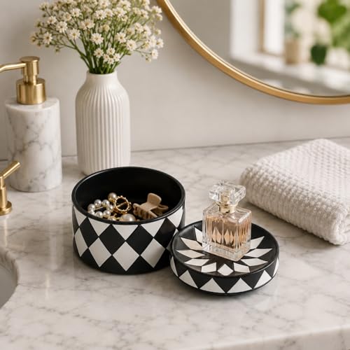 Decorative Storage Box with Lid, Black and white checkerboard Jewelry Box, Modern Round Decorative Box for Dresser, Coffee Table, Entryway Ideal for Jewelry, Trinkets And Small Accessories
