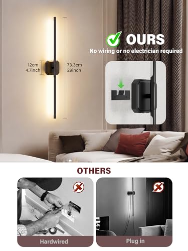 Battery Operated Wall Sconces Set of Two, Wireless Wall Lights Touch & Remote Control Rechargeable LED Wall Lamp 2700K-6000K Dimmable Lights for Living Room Bedroom Bathroom Hallway( 29 ", Black) - color: Black
